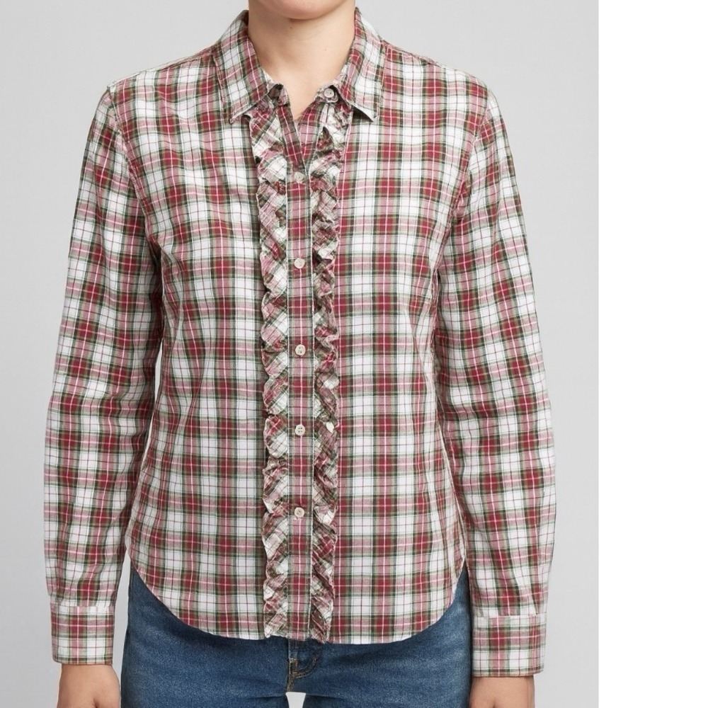 LL Bean Red Plaid Ruffle Front Long Sleeve Button Up Shirt Size MEDIUM